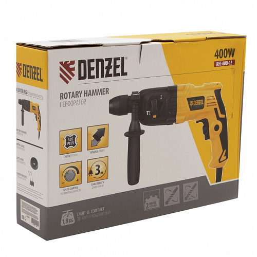 Перфоратор электрический RH-400-12, SDS-plus, 400 Вт, 1.2 Дж, 2 режима Denzel Перфоратор электрический RH-400-12, SDS-plus, 400 Вт, 1.2 Дж, 2 режима Denzel